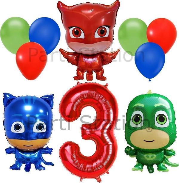 Parti Station Pijamaskeliler 3 Yaş Kırmızı Rakam Balon Set Pjmasks Konsept Balon Set Pijamaskeli Doğum Günü Set - Image 1