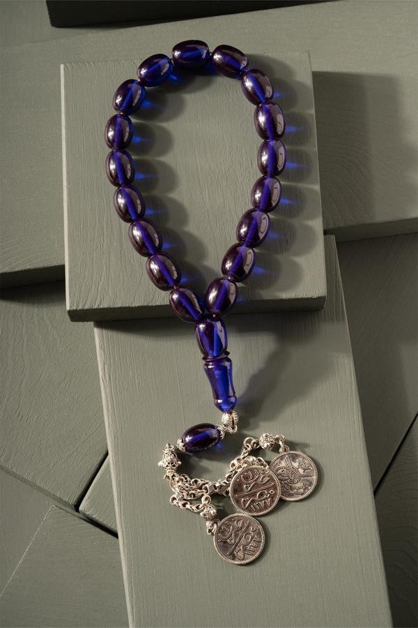 Gece Mavisi Özel Püsküllü 17'lik Ateş Kehribar Tesbih - Image 1