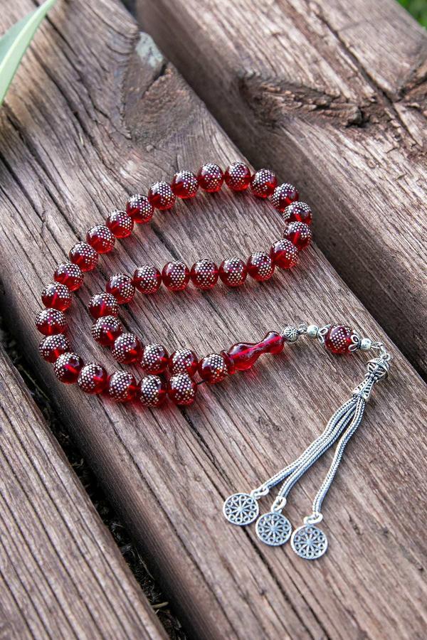 Küre Kırmızı Gümüş İşleme Ateş Kehribar Tesbih - Image 1