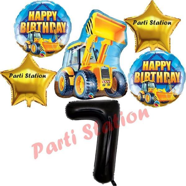 Parti Station İnşaat Konsept 7 Yaş Doğum Günü Balon Set Kamyon Kepçe Balon Ve Siyah Rakam Balon Parti Set - Image 1