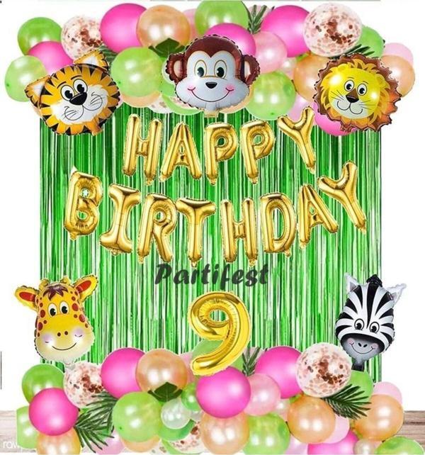 Parti Station Kız Safari Hayvanlar 9 Yaş Balon Set Pembe Safari Konsept Helyum Balon Set Safari Doğum Günü Set - Image 1
