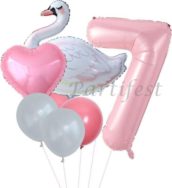 Parti Station Kuğu 7 Yaş Balon Set Balon Folyo Set Konsept Kuğu Doğum Günü Set Yaş Balon - Image 1