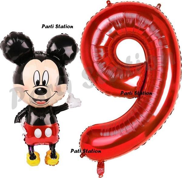 Parti Station Mickey Mouse Balon 9 Yaş Doğum Günü Set Mickey Mouse Konsept Balon Ve Kırmızı Rakam Balon - Image 1