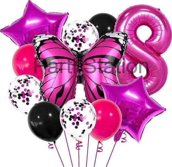 Parti Station Pembe Kelebek 8 Yaş Balon Set Kelebek Konsept Doğum Günü Balon Balon Set - Image 1