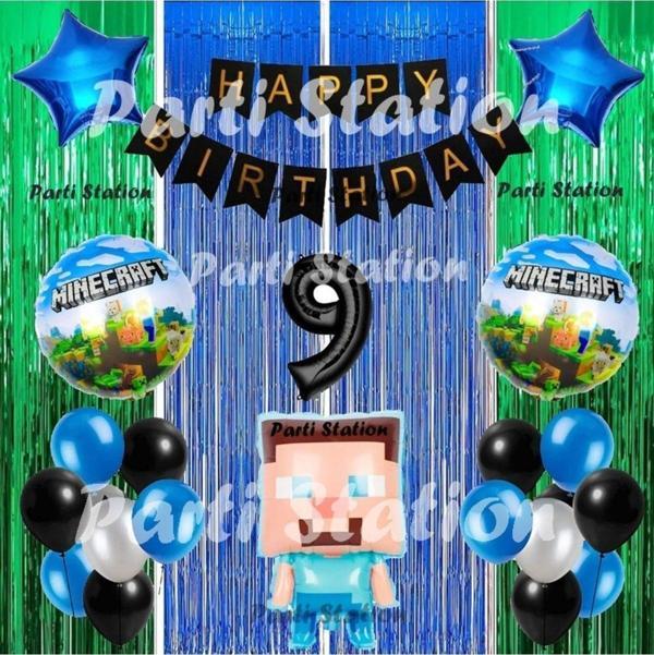 Parti Station Minecraft Balon Set 1 Yaş Minecraft Oyun Konsept Doğum Günü Parti Balon Set Minecraft Doğum Günü - Image 1