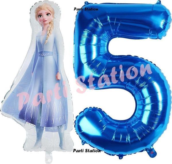 Parti Station Elsa Frozen Balon 5 Yaş Doğum Günü Set Frozen Karlar Ülkesi Konsept Balon Ve Lacivert Rakam Balon - Image 1