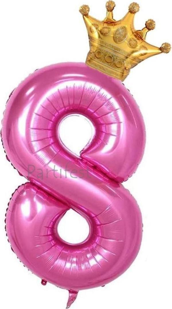 Parti Station Pembe Taçlı Rakam Balon Seti Pembe 8 Yaş Balon Set Doğum Günü Balon Seti - Image 1