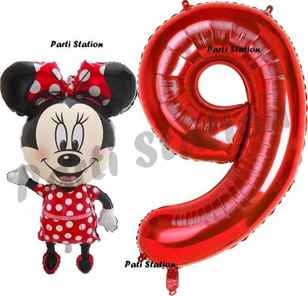 Parti Station Minnie Mouse 9 Yaş Doğum Günü Set Minnie Mouse Konsept Balon Ve Kırmızı Rakam Balon Set - Image 1