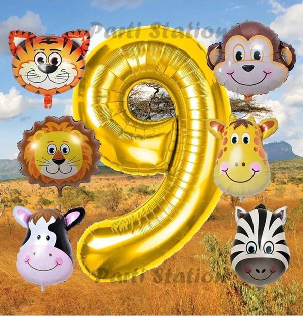Parti Station Altın Renk Rakam Balonlu Safari 9 Yaş Doğum Günü Parti Balon Set Safari Hayvanlar Tema Parti Set - Image 1