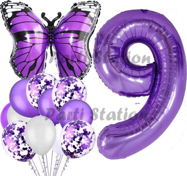 Parti Station Mor Kelebek Konsept 9 Yaş Balon Set Butterfly Kelebek Mor Rakam Balon Parti Doğum Günü Balon Set - Image 1