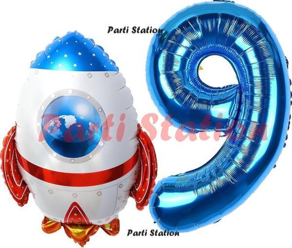 Parti Station Roket Uzay Astronot Konsept 9 Yaş Balon Set Uzay Roketi Ve Lacivert Rakam Balon Doğum Günü Balon Set - Image 1