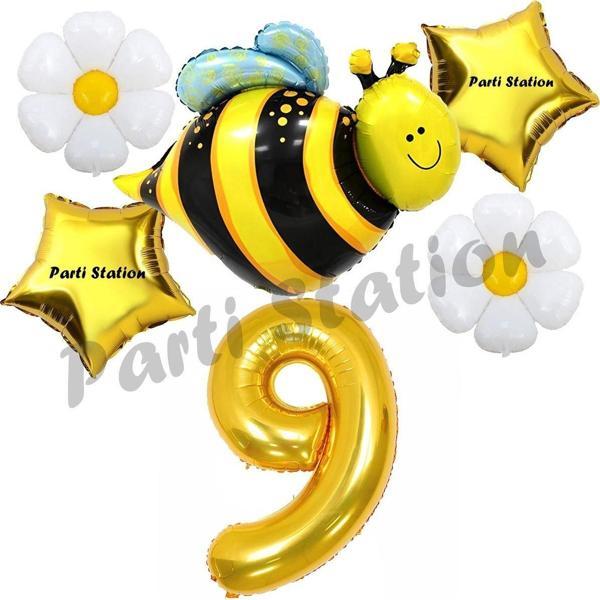 Parti Station Bee Arı Ve Papatya Konsept 9 Yaş Balon Set Arı Balon Ve Gold Rakam Balon Doğum Günü Balon Set - Image 1