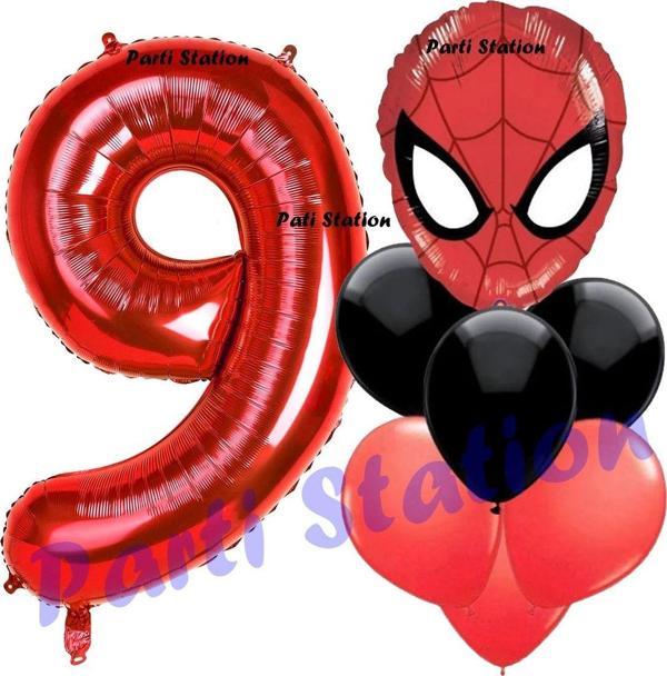 Parti Station Örümcek Adam 9 Yaş Balon Ve Kırmızı Rakam Balon Doğum Günü Parti Set Spiderman Kırmızı Balon Set - Image 1