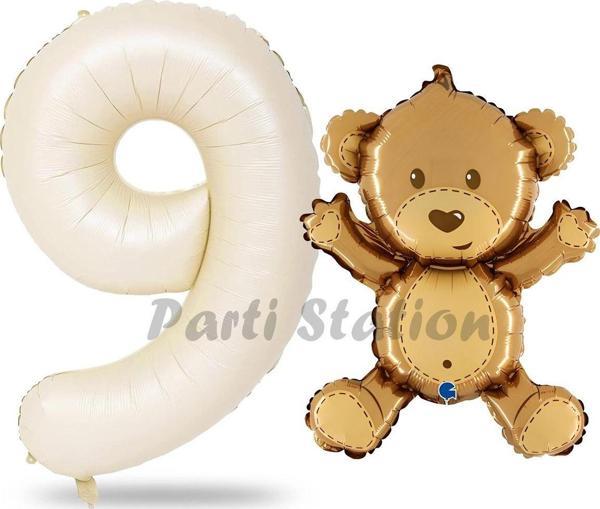 Parti Station Sevimli Ayıcık Balon 9 Yaş Balon Set Woodland Konsept Ayı Balon Ve Gold Renk Rakam Balon - Image 1