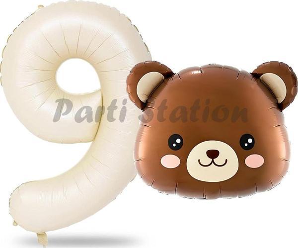 Parti Station Sevimli Ayıcık Kafa Balon 9 Yaş Balon Set Woodland Konsept Ayı Balon Ve Krem Renk Rakam Balon - Image 1