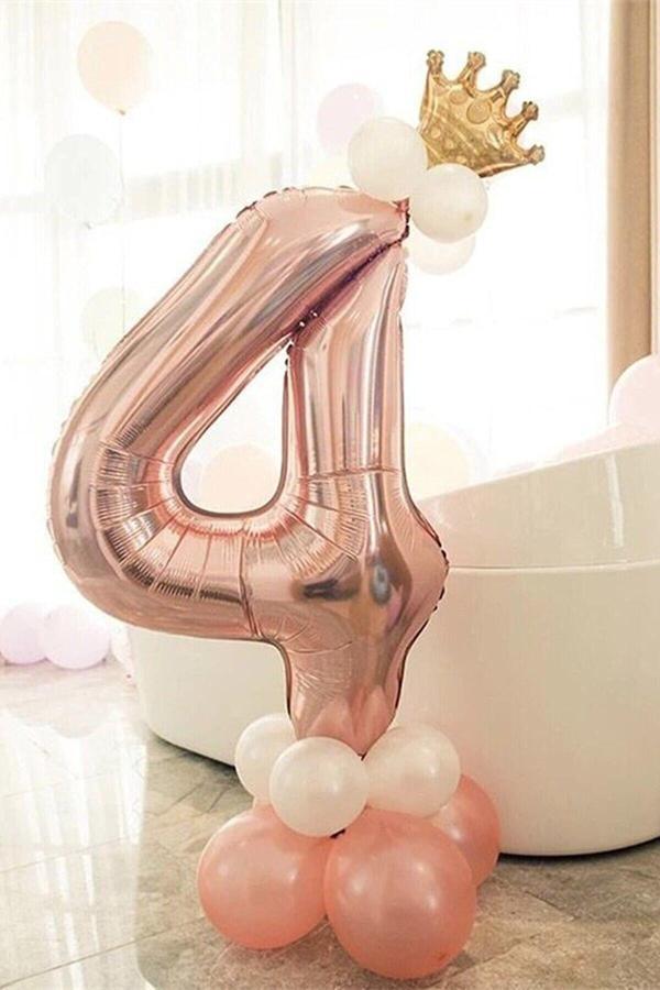 Parti Station 4 Yaş Rose Gold Rakam Balon Altın Kral Taçlı Balon Seti - Image 1