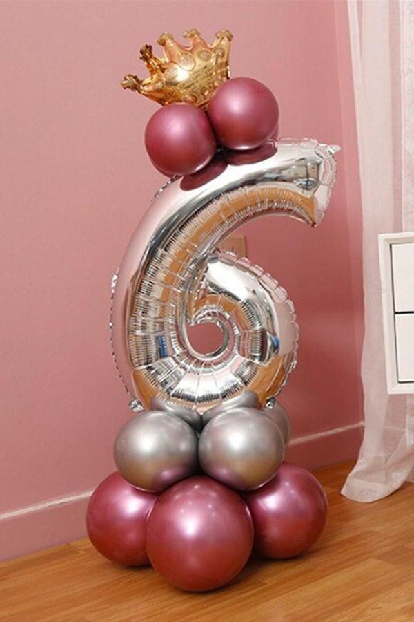 Parti Station 6 Yaş Krom Pembe Gümüş Renkler Altın Taçlı Balon Seti - Image 1