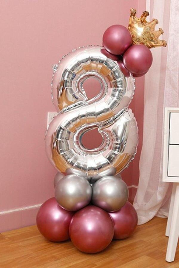 Parti Station 8 Yaş Krom Pembe-Gümüş Renkler Altın Taçlı Balon Seti - Image 1