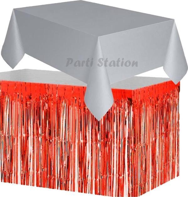 Parti Station Masa Örtüsü Masa Eteği Set Plastik Gri Renk Masa Örtüsü Kırmızı Renk Metalize Sarkıt Masa Eteği Set - Image 1