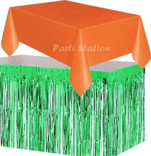 Parti Station Masa Örtüsü Ve Masa Eteği Set Plastik Turuncu Renk Masa Örtüsü Yeşil Renk Metalize Masa Eteği Set - Image 1