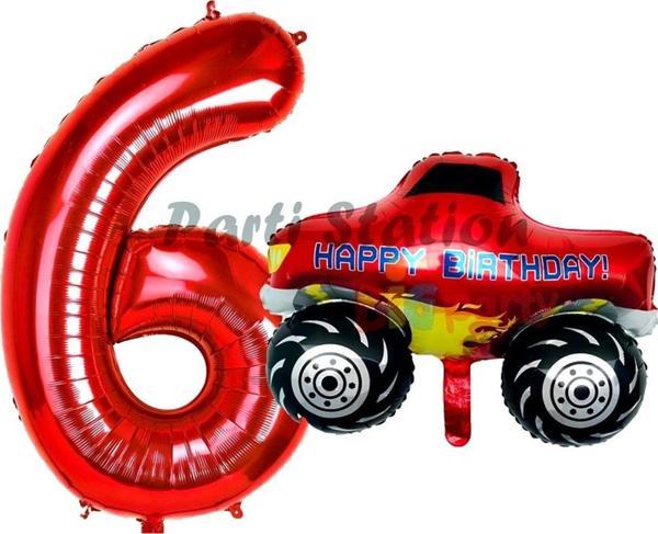 Parti Station Canavar Kamyon Pikap 6 Yaş Balon Set Arabalar Konsept Canavar Kamyon Balon Ve Kırmızı Rakam Balon - Image 1