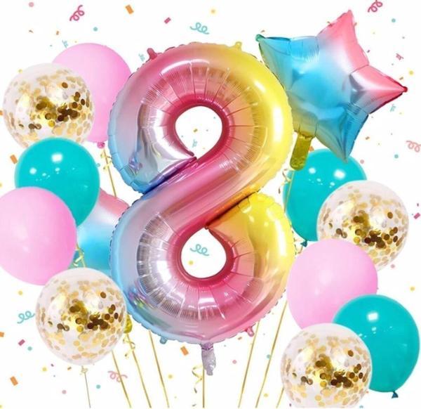 Parti Station Gökkuşağı Rengarenk 8 Yaş Balon Set Yıldız Balon Folyo Set Konsept Doğum Günü Set Yaş Balon Set - Image 1