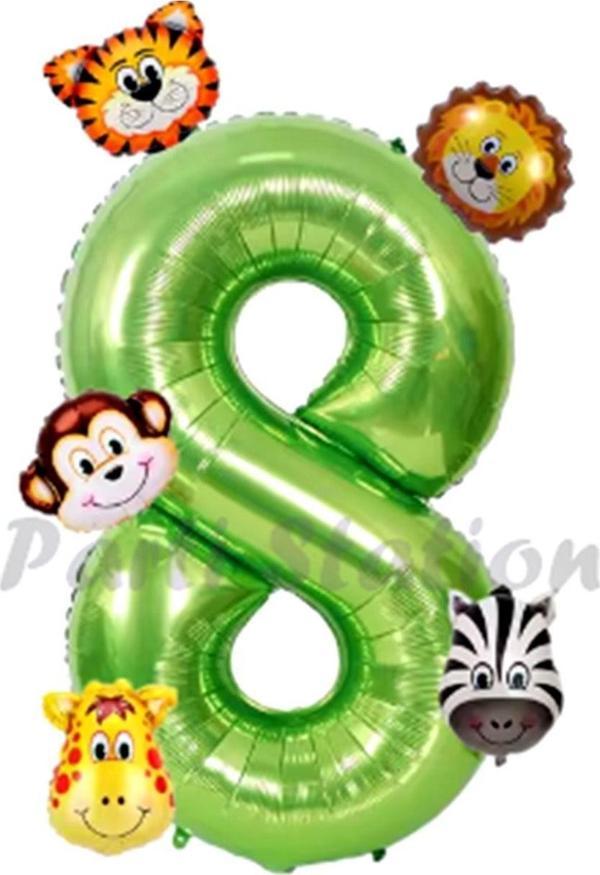 Parti Station Safari Hayvanlar 6'Lı Balon Set 8 Yaş Doğum Günü Balon Set Safari Konsept Ve Yeşil Rakam Balon - Image 1