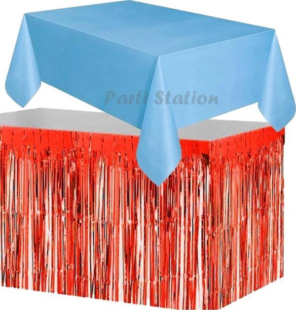 Parti Station Masa Örtüsü Ve Etek Set Plastik Mavi Renk Masa Örtüsü Kırmızı Renk Metalize Sarkıt Masa Eteği Set - Image 1