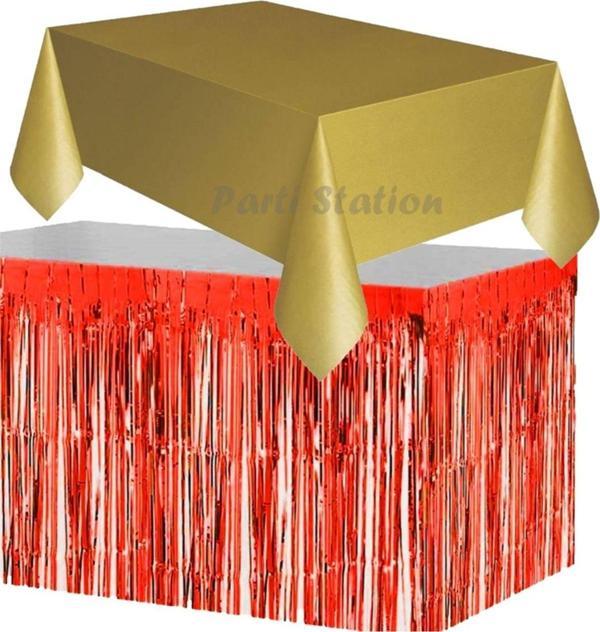 Parti Station Masa Örtüsü Ve Eteği Plastik Altın Gold Renk Masa Örtüsü Kırmızı Renk Metalize Sarkıt Masa Eteği Set - Image 1