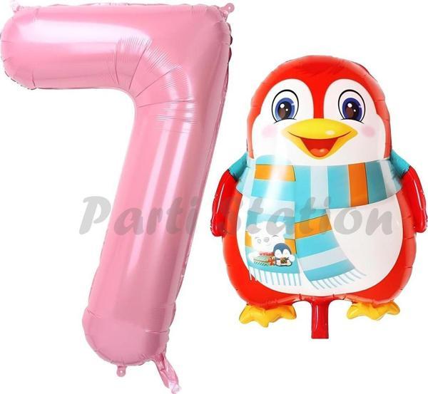 Parti Station Sevimli Penguen Balon 7 Yaş Doğum Günü Balon Set Penguen Konsept Ve Pembe Renk Rakam Balon - Image 1