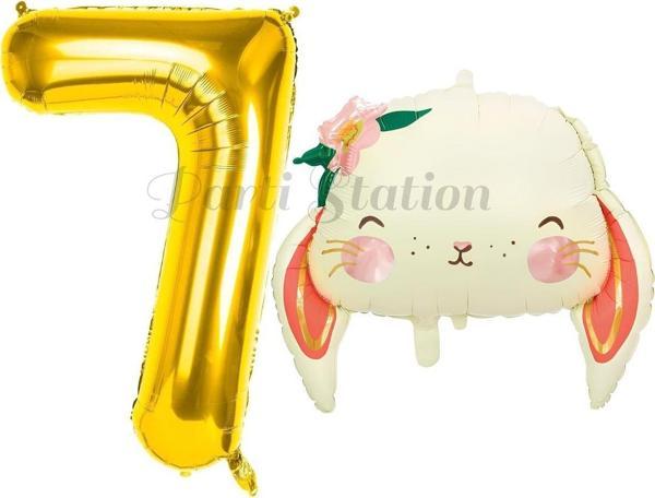 Parti Station Sevimli Tavşan 7 Yaş Balon Set Woodland Hayvanlar Konsept Tavşan Balon Ve Gold Renk Rakam Balon - Image 1