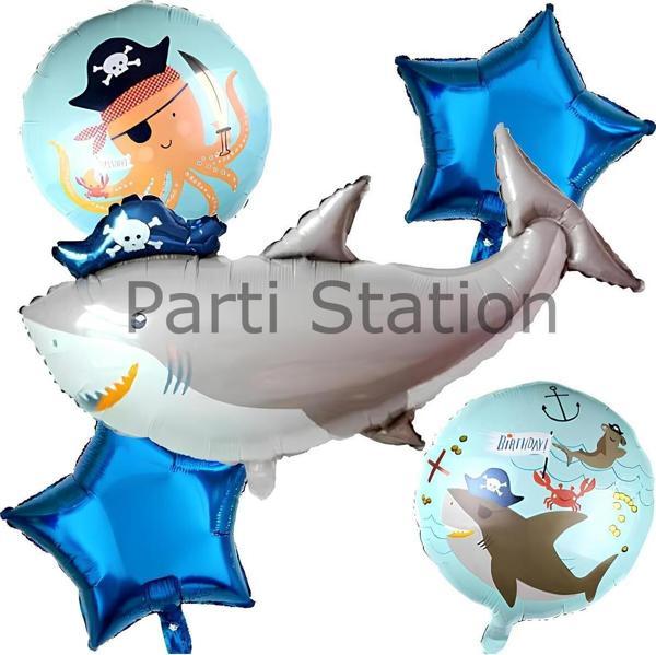 Parti Station Korsan Köpek Balığı Balon Set Korsan Shark Konsept Doğum Günü Folyo Balon Set - Image 1