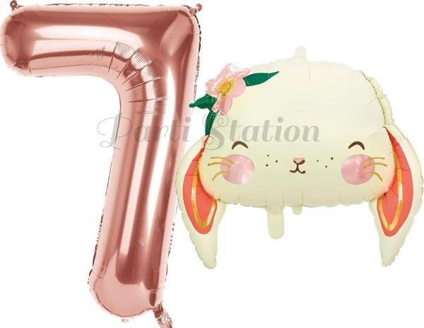 Parti Station Sevimli Tavşan 7 Yaş Balon Set Woodland Hayvanlar Konsept Tavşan Balon Ve Rosegold Renk Rakam Balon - Image 1