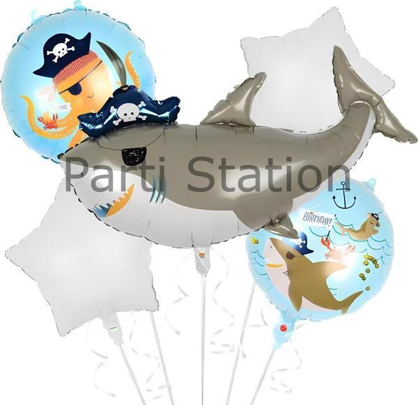 Parti Station Korsan Köpek Balığı Konsept Balon Set Korsan Shark Konsept Doğum Günü Folyo Balon Set - Image 1