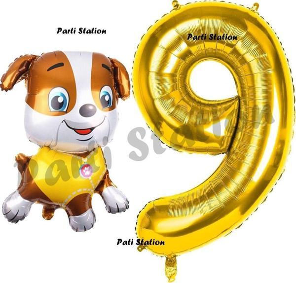 Parti Station Paw Patrol İnşaat Köpek Rubble 9 Yaş Balon Ve Gold Rakam Balon Doğum Günü Parti Set - Image 1