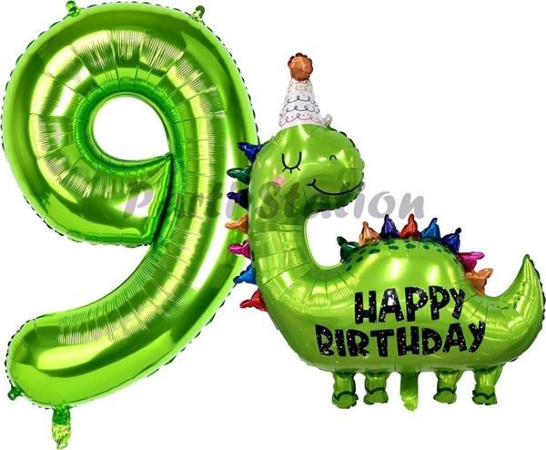 Parti Station Dinozor Balon 9 Yaş Balon Set Dinozor Konsept Balon Ve Yeşil Renk Rakam Balon - Image 1