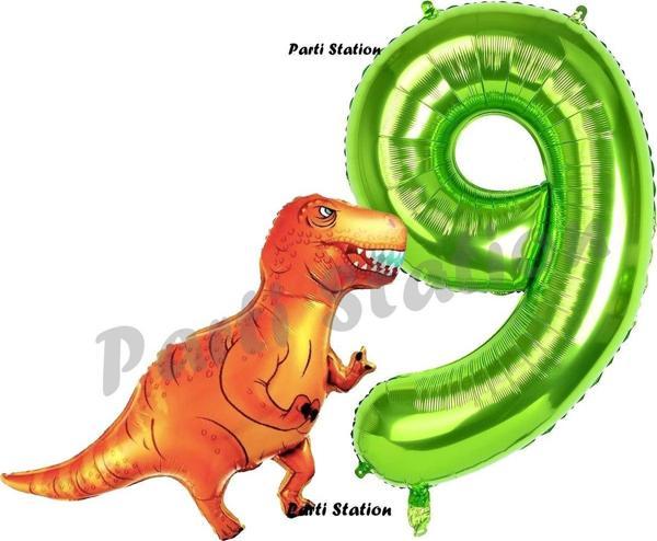 Parti Station Dinozor Konsept 9 Yaş Balon Set Dinozor T-Rex Balon Ve Yeşil Rakam Balon Doğum Günü Set - Image 1