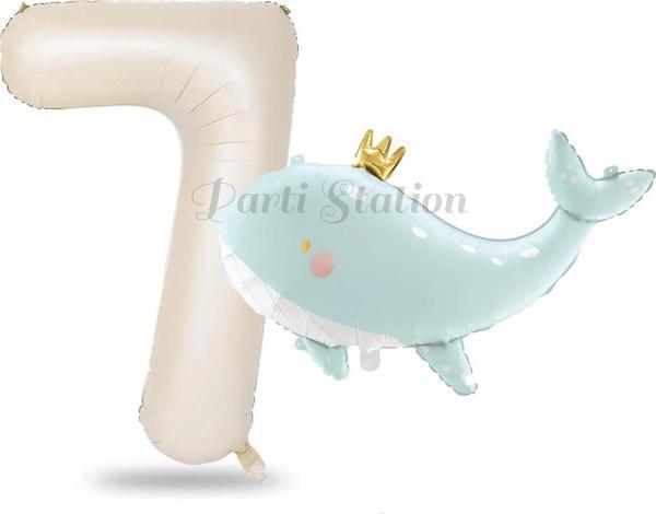 Parti Station Sevimli Yeşil Balina 7 Yaş Balon Set Deniz Okyanus Canlıları Konsept Balon Ve Krem Rakam Balon - Image 1