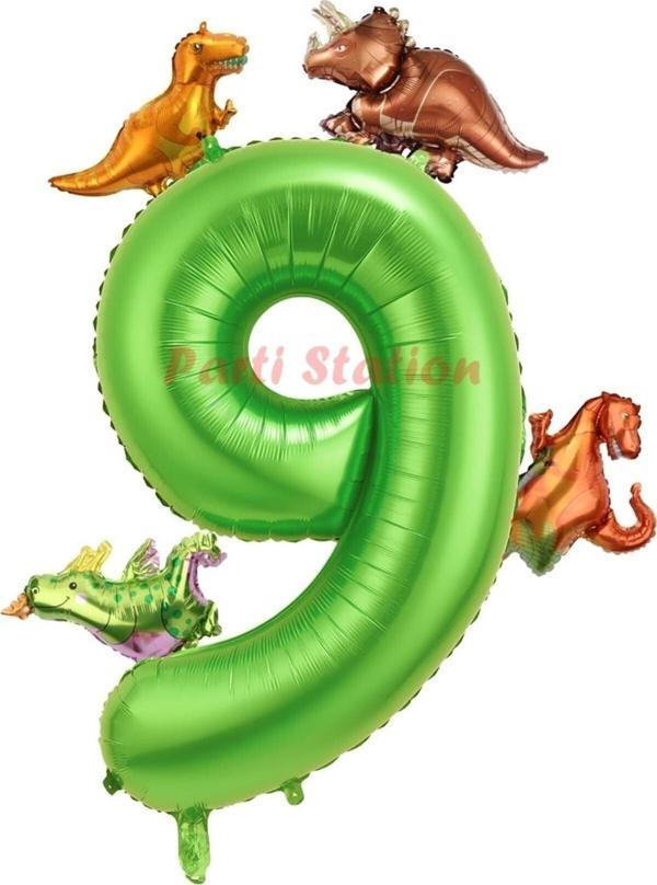 Parti Station Dinozor Konsept Yeşil Rakam 9 Yaş Balon Yeşil Renk Dinazor Yaş Balon Uçan Helyum Sayı Balon - Image 1