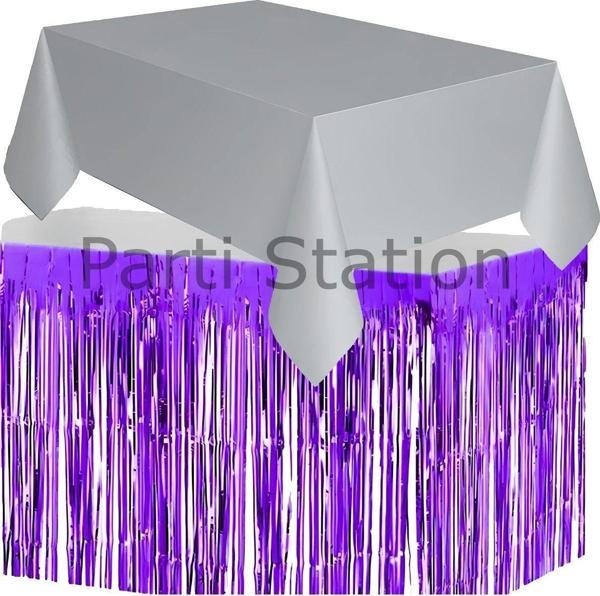 Parti Station Masa Örtüsü Ve Masa Eteği Set Plastik Gümüş Renk Masa Örtüsü Mor Renk Metalize Masa Eteği Set - Image 1