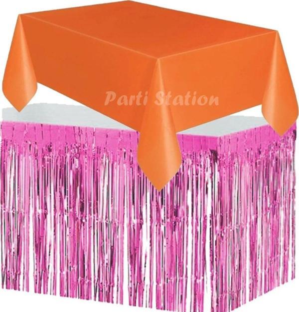 Parti Station Masa Örtüsü Ve Masa Eteği Set Plastik Turuncu Renk Masa Örtüsü Pembe Renk Metalize Masa Eteği Set - Image 1