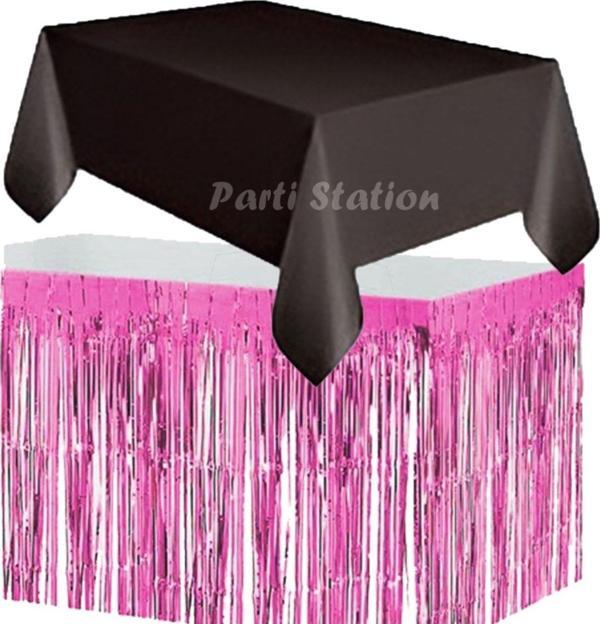 Parti Station Masa Örtüsü Ve Masa Eteği Set Plastik Siyah Renk Masa Örtüsü Pembe Renk Metalize Masa Eteği Set - Image 1