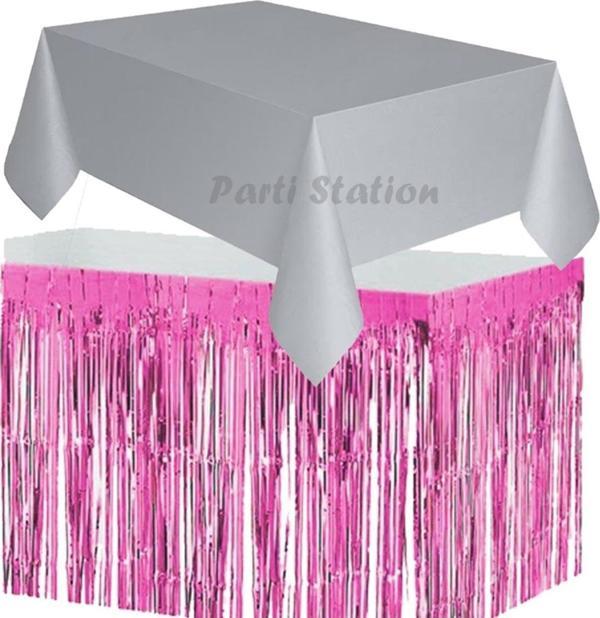 Parti Station Masa Örtüsü Ve Masa Eteği Set Plastik Gri Renk Masa Örtüsü Pembe Renk Metalize Sarkıt Masa Eteği Set - Image 1