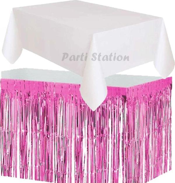 Parti Station Masa Örtüsü Ve Masa Eteği Plastik Beyaz Renk Masa Örtüsü Pembe Renk Metalize Sarkıt Masa Eteği Set - Image 1