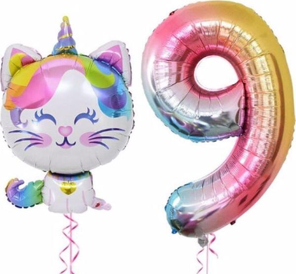 Parti Station Unicorn Kedi 9 Yaş Balon Set Renkli Sayı Balon Folyo Set Konsept Doğum Günü Set Yaş Balon - Image 1
