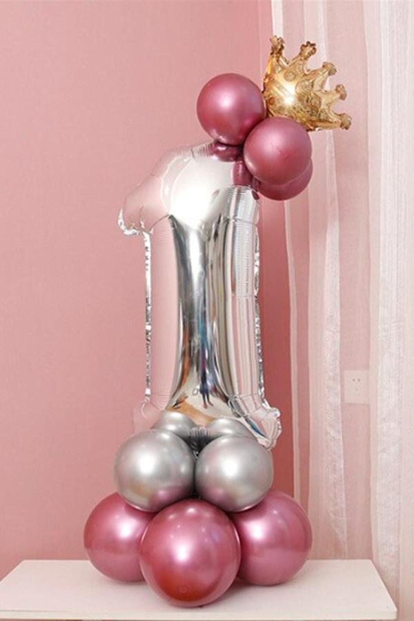 Parti Station Rakam Balon Karşılama Seti 1 Yaş Parlak Rose Gold Gümüş Renkler Altın Taçlı 1 Rakamlı Balon - Image 1