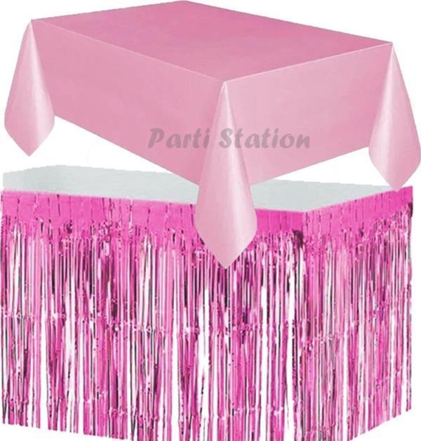 Parti Station Masa Örtüsü Ve Etek Set Plastik Pembe Renk Masa Örtüsü Pembe Renk Metalize Sarkıt Masa Eteği Set - Image 1