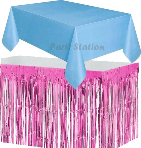 Parti Station Masa Örtüsü Ve Eteği Set Plastik Mavi Renk Masa Örtüsü Pembe Renk Metalize Sarkıt Masa Eteği Set - Image 1