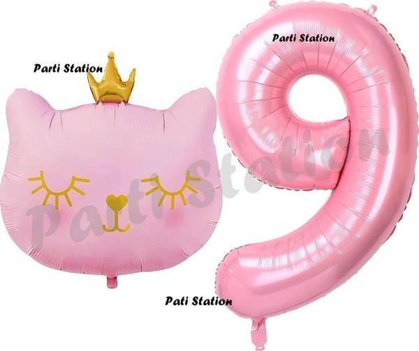 Parti Station Pembe Kedi Balon 9 Yaş Doğum Günü Balon Set Pembe Kedi Konsept Balon Ve Pembe Rakam Balon - Image 1