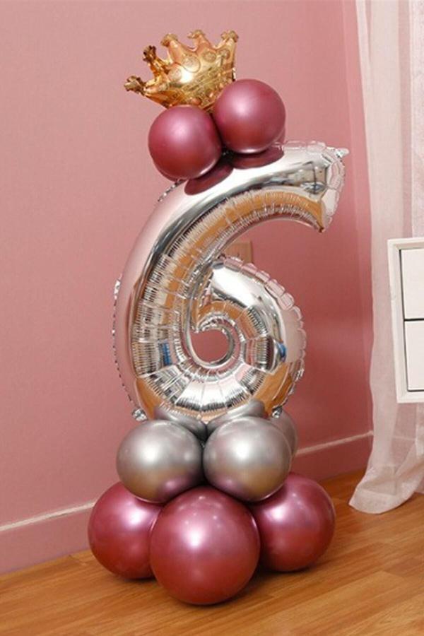 Parti Station Rakam Balon Karşılama Seti 6 Yaş Parlak Rose Gold Gümüş Renkler Altın Taçlı 6 Rakamlı Balon - Image 1